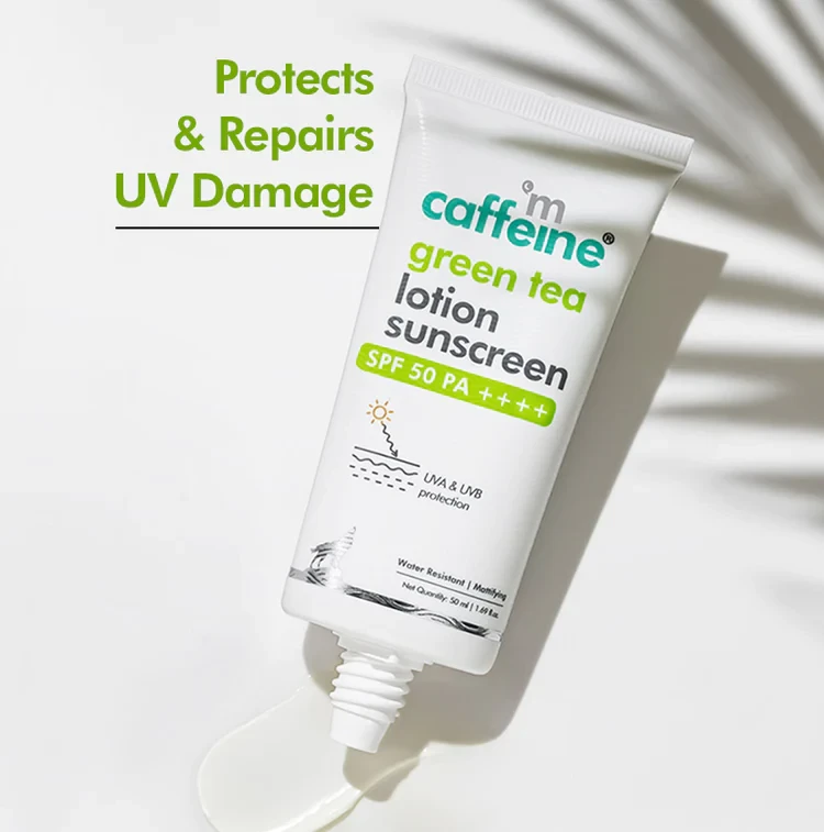 mCaffeine Green Tea Sunscreen SPF 50 PA ++++ with Niacinamide | Hydrating & Leaves Zero Whitecast - 50 ml