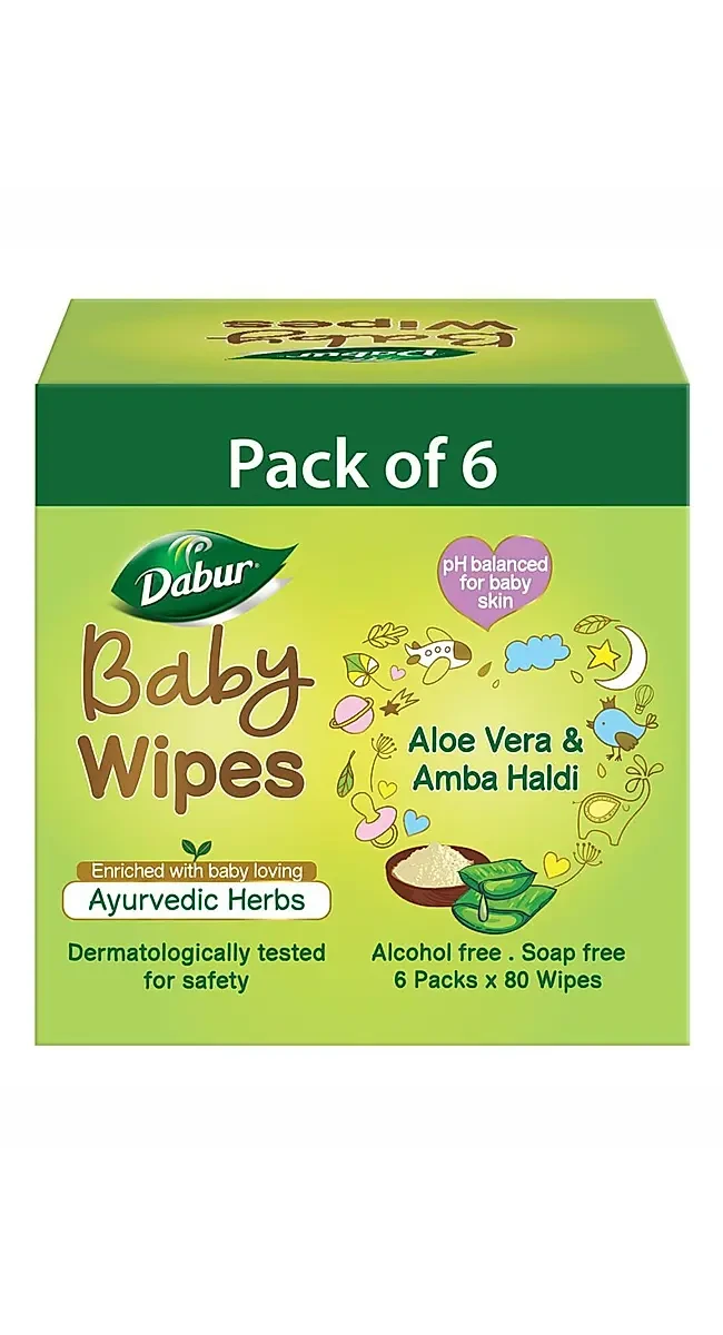 Dabur Baby Wipes: Soft Moisturizing Wet Wipes enriched with baby loving ayurvedic herbs - 80 Wipes X Pack of 6