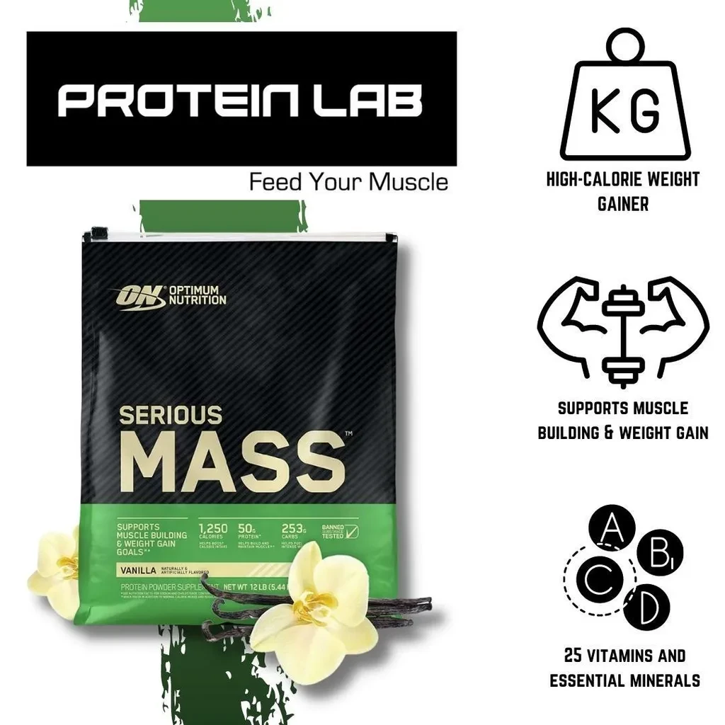 Optimum Nutrition (ON) Serious Mass High Protein for Weight Gain & Muscle Building | Flavour Powder Vanilla 12lb