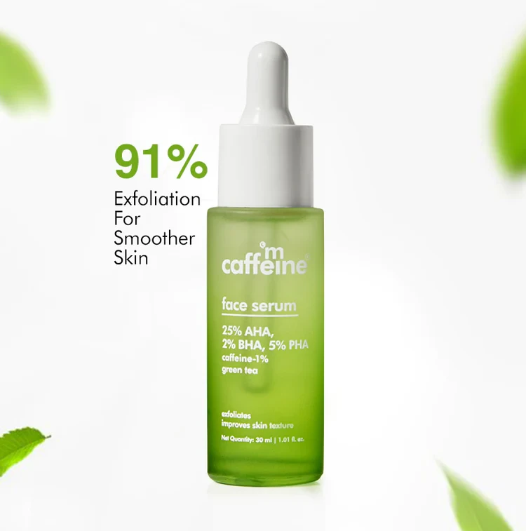 mCaffeine Green Tea & 25% AHA, 2% BHA, 5% PHA Face Serum - Gentle Peel for Improved Skin Texture - 30 ml
