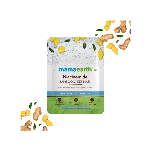 Mamaearth Niacinamide Bamboo Sheet Mask with Niacinamide and Ginger Extract for Clear and Glowing Skin - 25 g