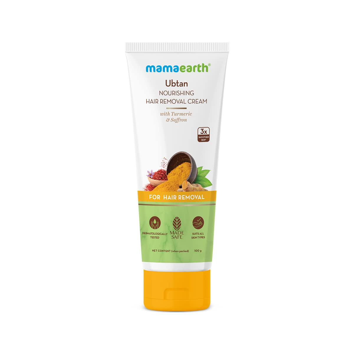 Mamaearth Ubtan Nourishing Hair Removal Cream With Turmeric & Saffron for Hair Removal- 100 g Removes Hair in 8 Minutes | Gives 3X Smoother Skin