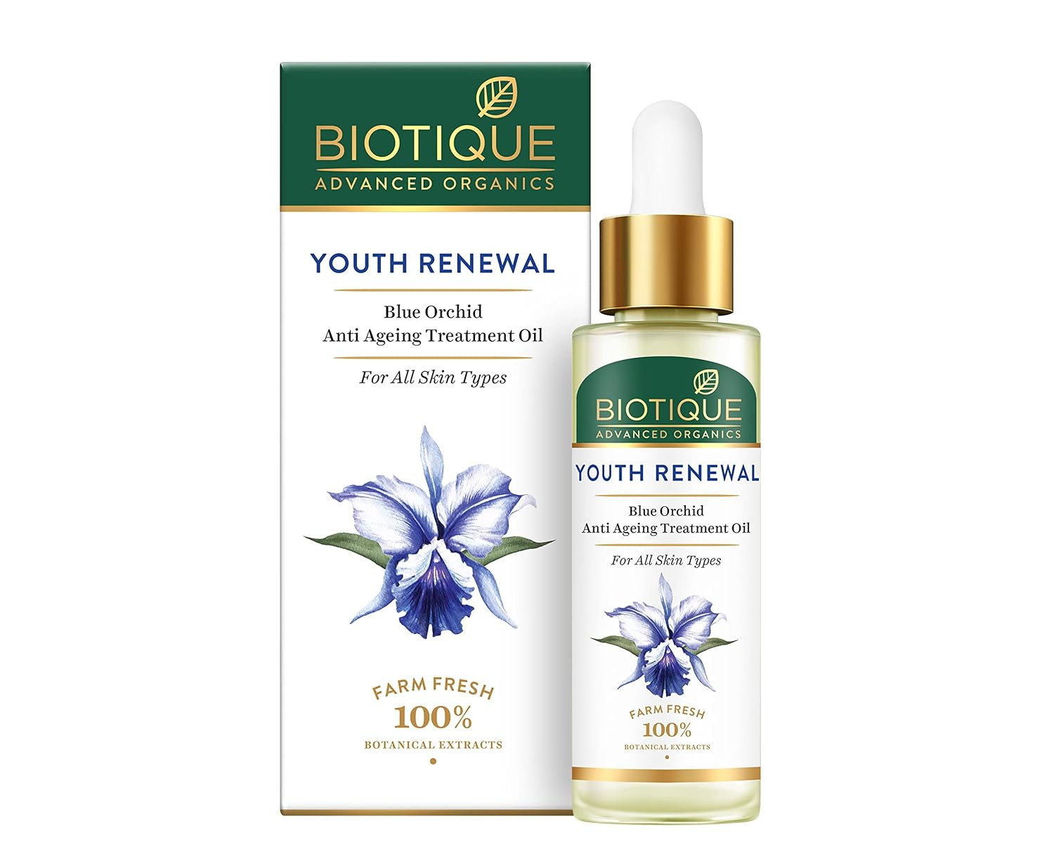 Biotique Youth Renewal - Blue Orchid Anti Ageing Treatment Oil, Fast Absorbing Formula, For All Skin Types, 30 ml